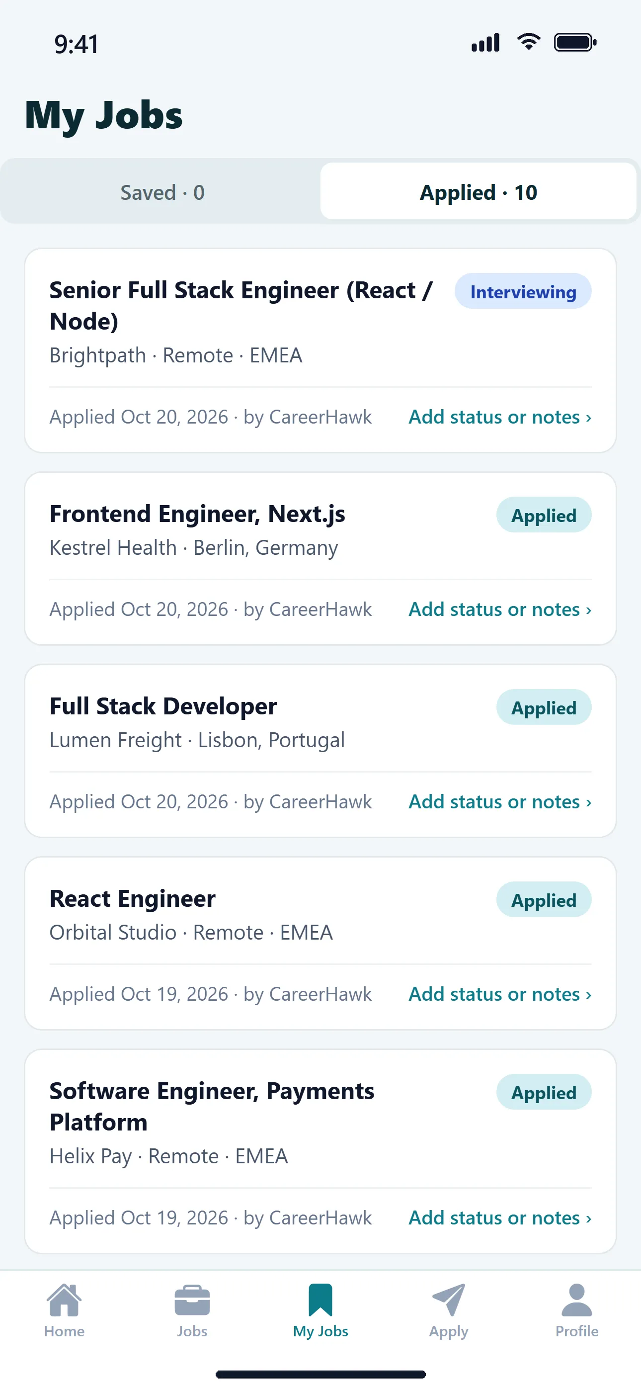 CareerHawk My Jobs screen listing applications with statuses