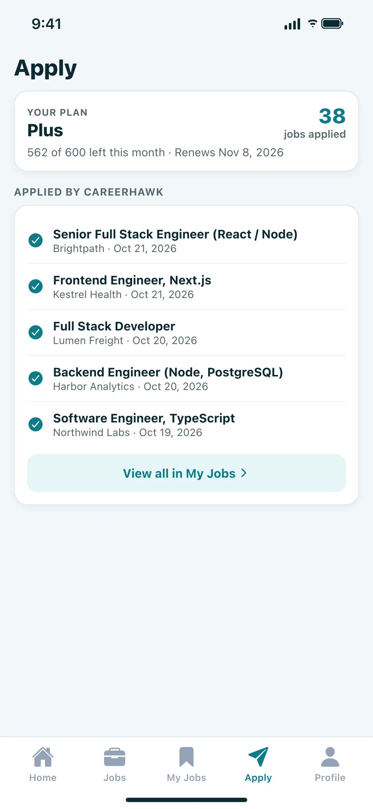 CareerHawk Apply tab with the jobs applied for you