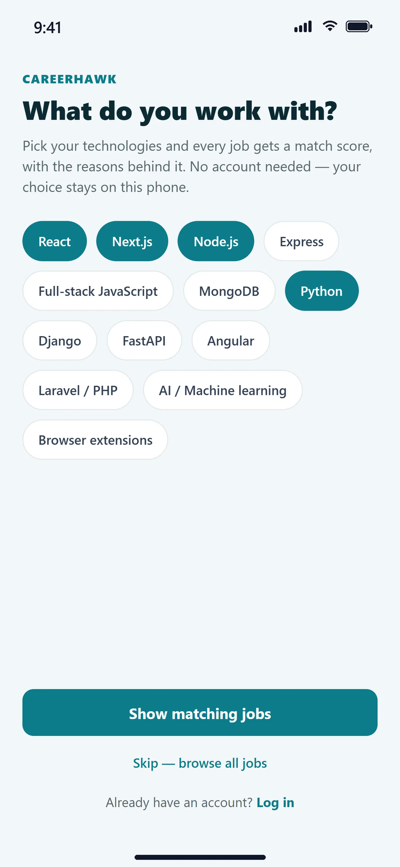 CareerHawk onboarding screen asking which technologies you work with