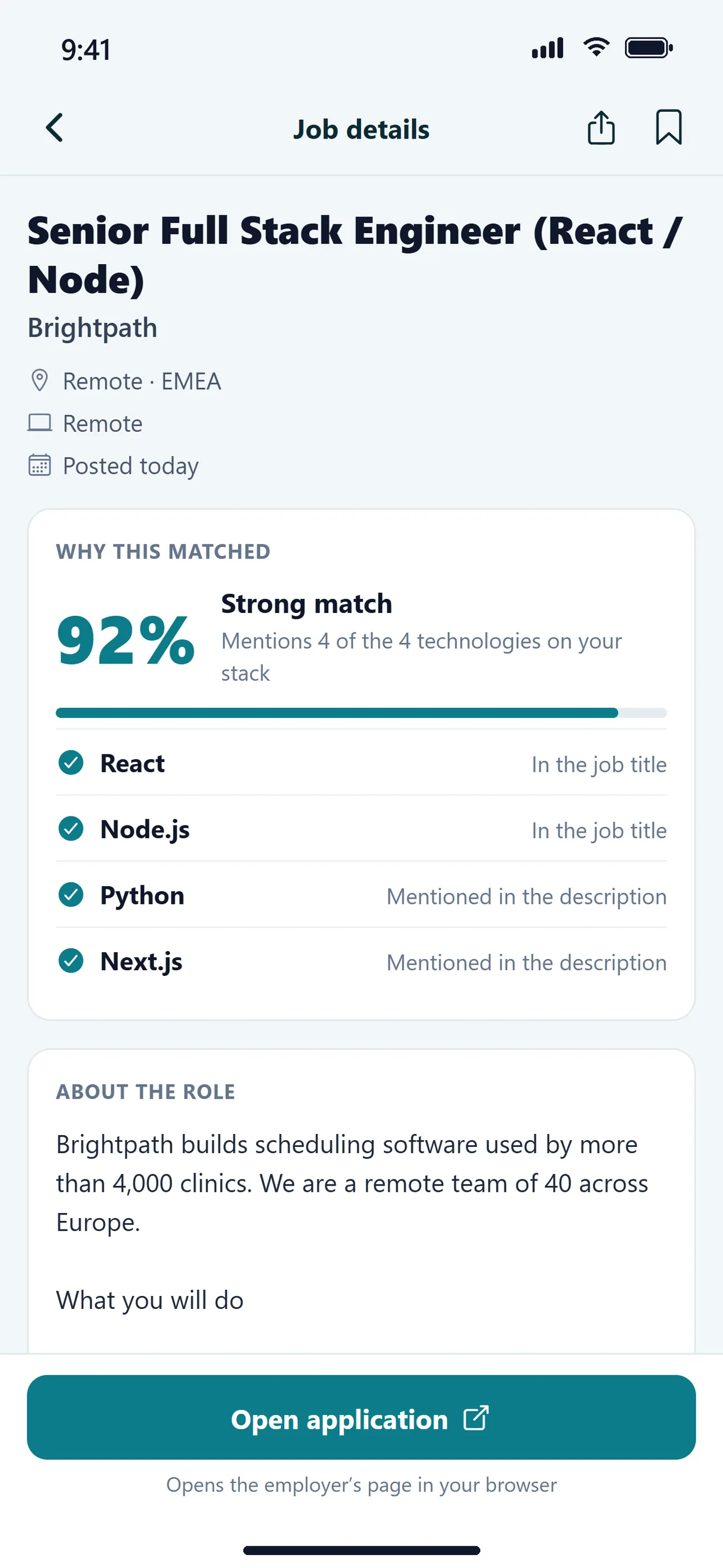 CareerHawk job detail screen showing a 92% match with React, Node.js, Python and Next.js
