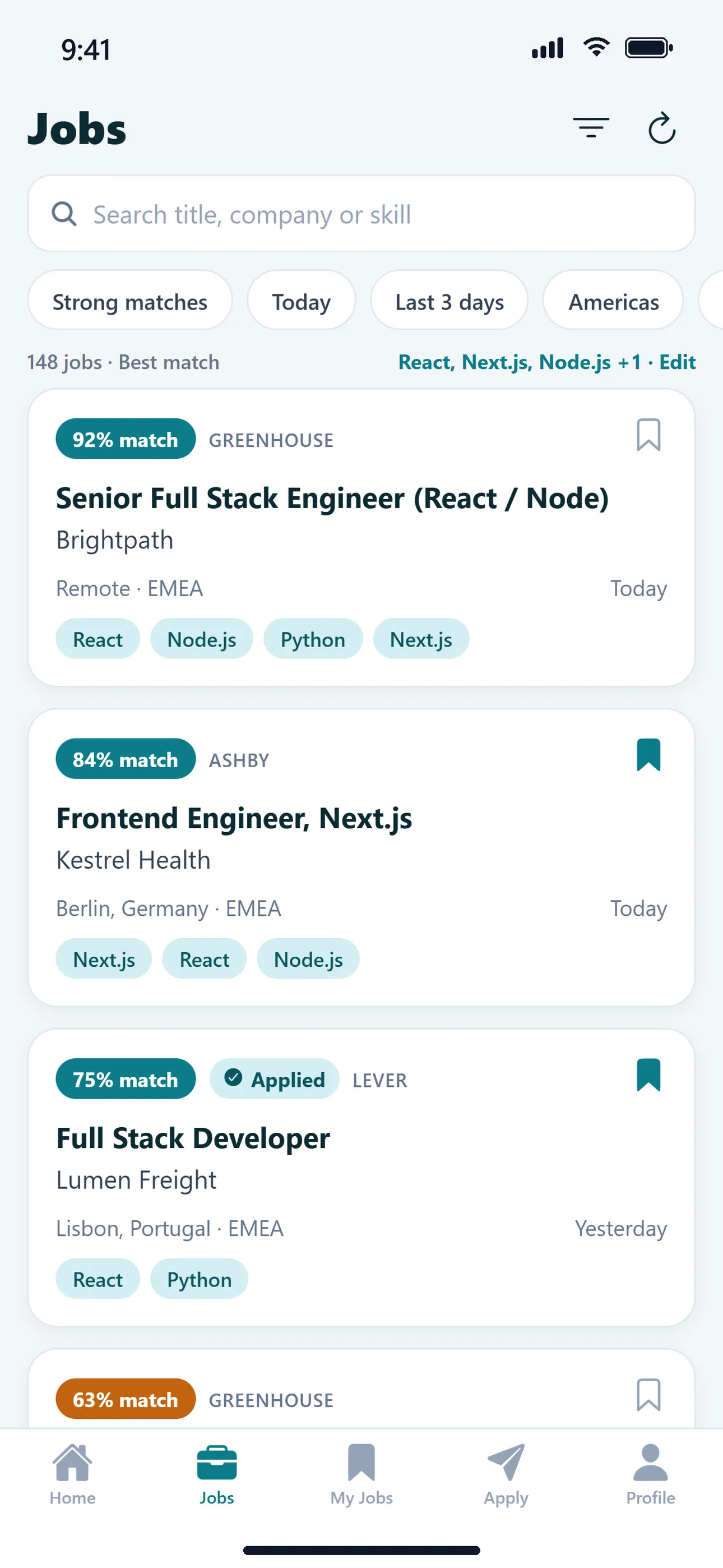 CareerHawk Jobs tab listing remote jobs with match scores