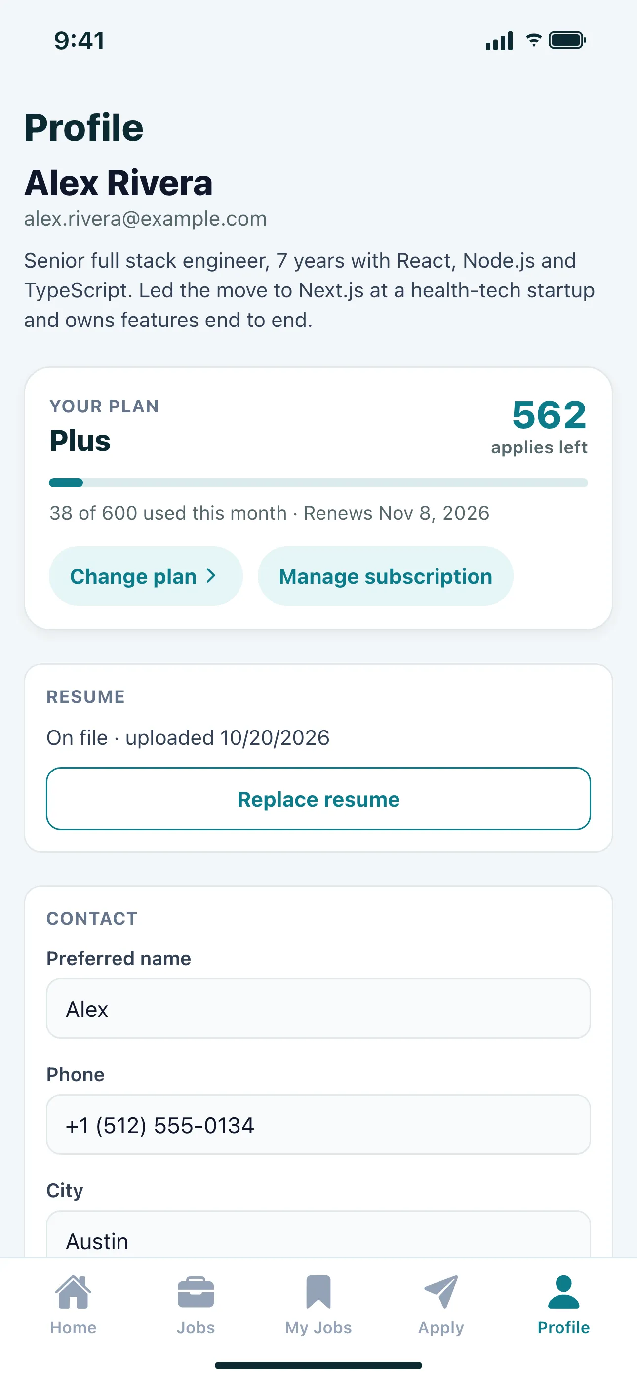 CareerHawk Profile tab with résumé and contact details